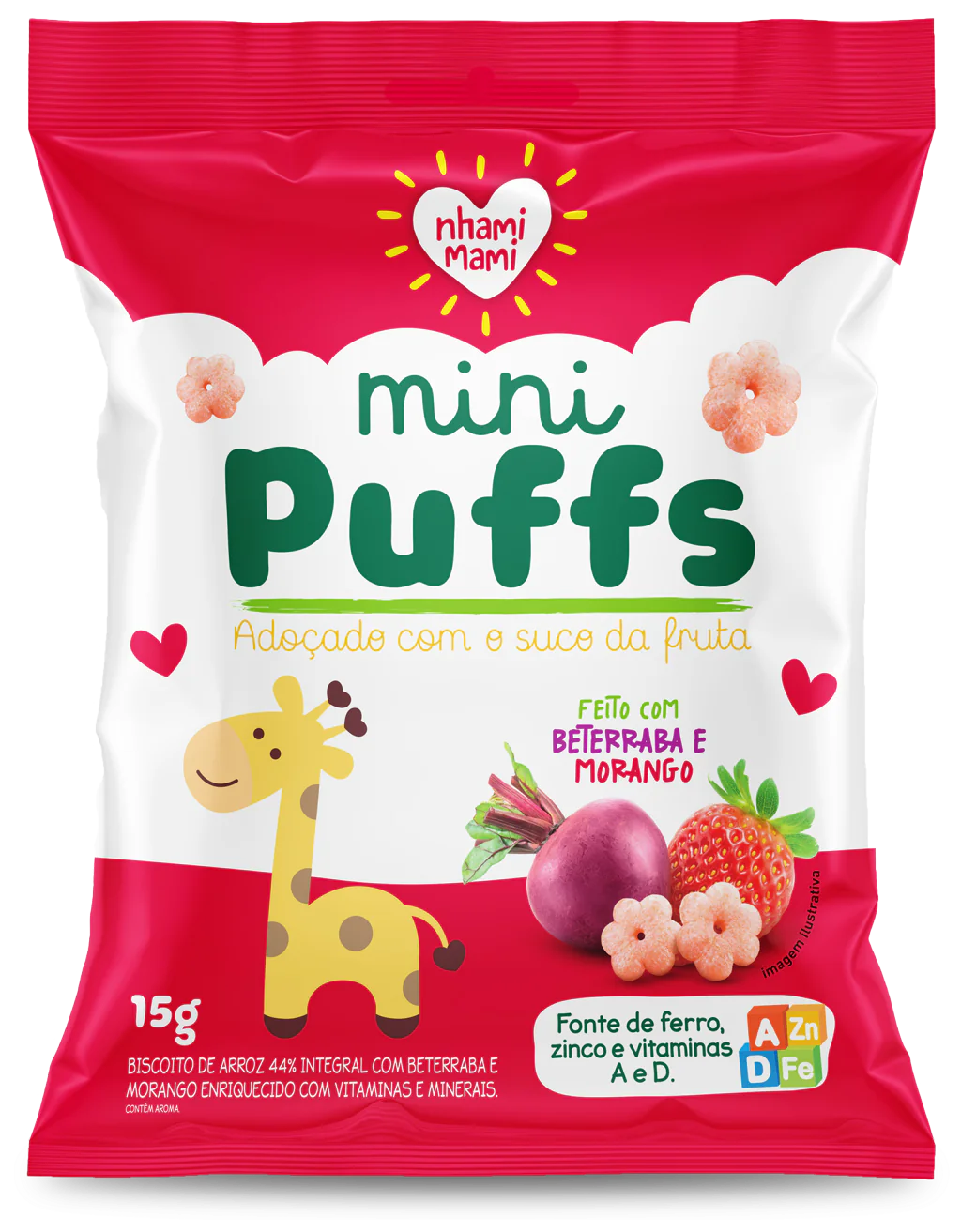 Snack Mini Puffs Feito Com Beterraba E Morango 15G - Nhami Mami