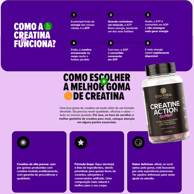 Creatine Action Gummy Maca Verde 240G Essential - Imagem 3