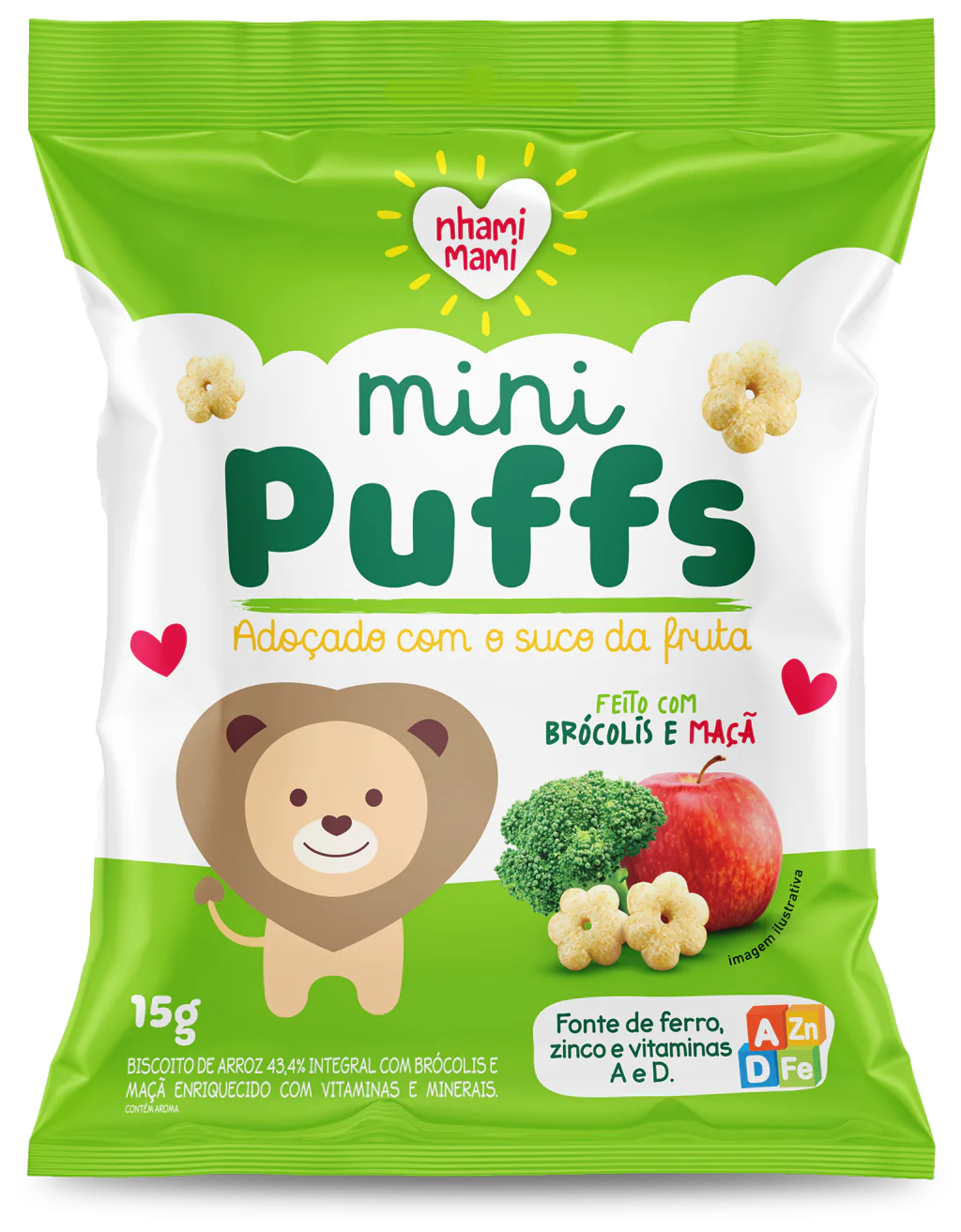 Snack Mini Puffs Feito Com Brocolis E Maca 15G - Nhami Mami